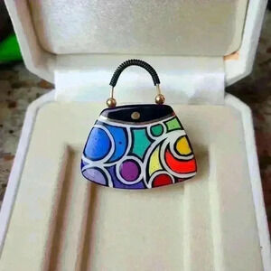 Small purse brooch pin colorful vitange hand painted art pin